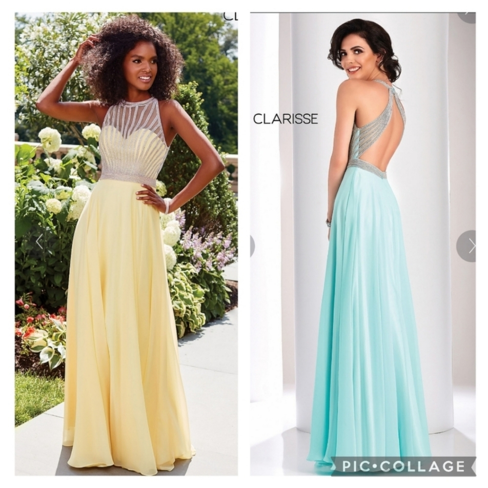 Clarisse Aqua Crystal Chiffon Flowy Formal Halter Gown Size 2